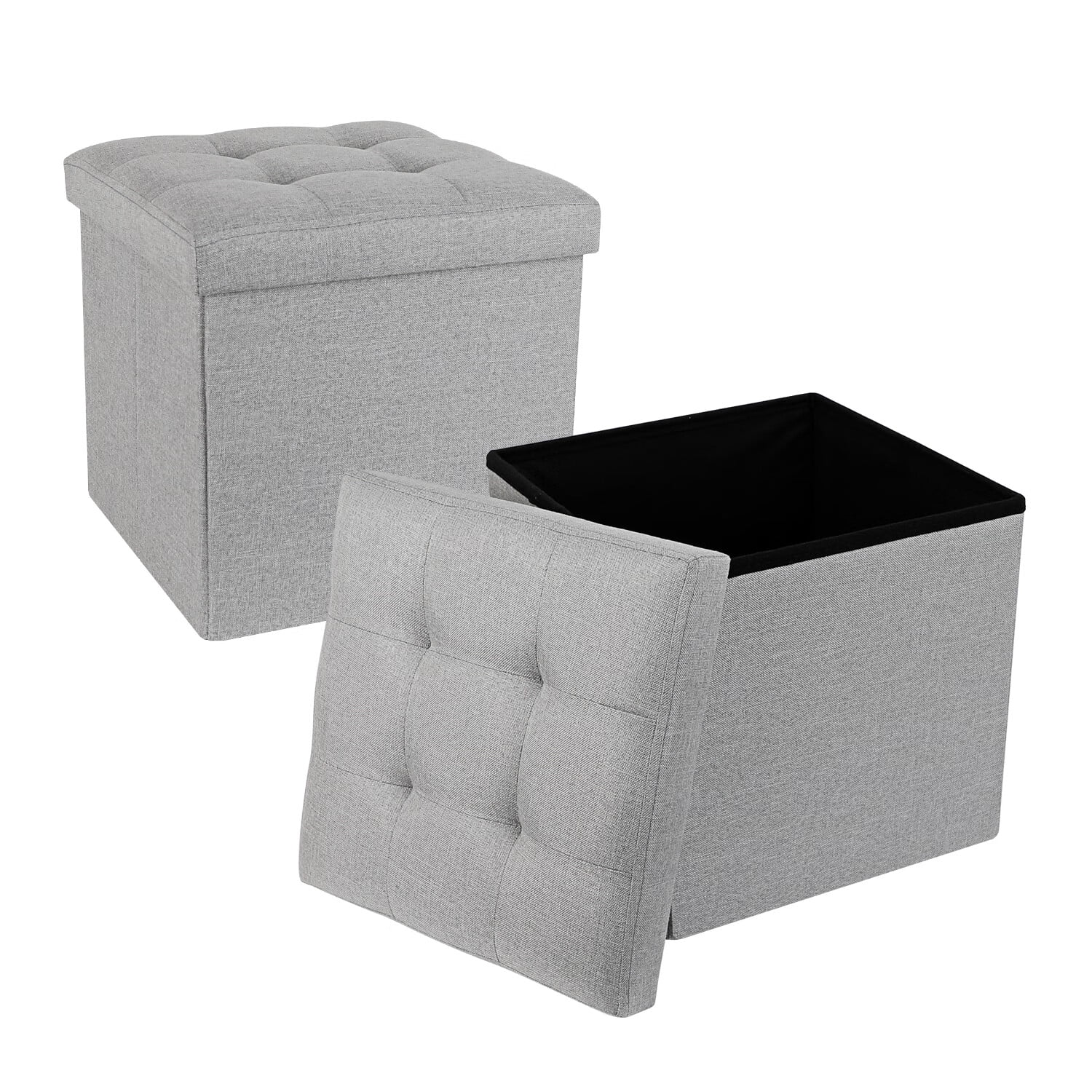 Removable Linen Folding Storage Ottoman Square Cube Foot Rest Stool/Seat Gray,2pcs,15x15x15 Inch