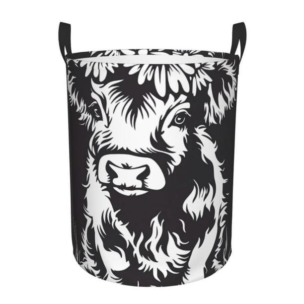 Fotbe Floral Cow Silhouette Cesto de Ropa con Asas, Cesto Impermeable de Gran Capacidad, Bolsa de Lavado para Dormitorio, Cesto de Ropa con Ruedas y Asas-Medium