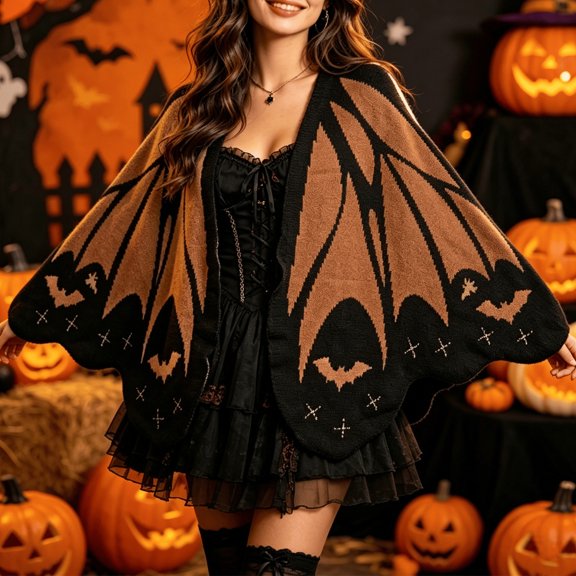 Halloween Bat Wing Knit Shawl Cape, Womens Open Front Bat Print Knitted Poncho Wrap, Gothic Witch Costume Oversized Batwing Cardigan for Holiday Party Cosplay-Brown