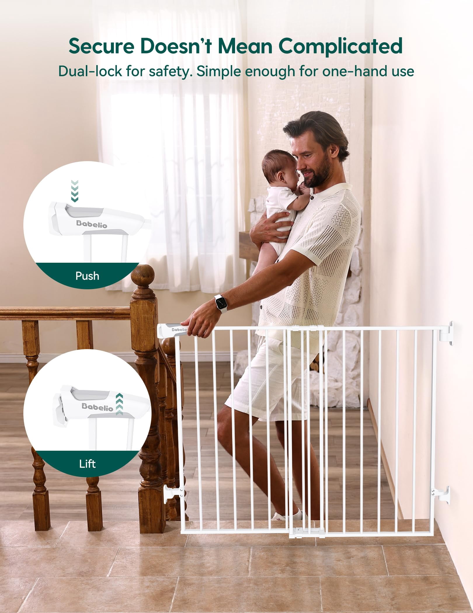 Gate for Stairs & Doorways, 26-43" W 34" H Extra Tall| No Bottom Bar| Easy Installation| One-handed Operation| Auto-close| Hardware Mount (Drill Needed) Safety Dog/Pet Gate Indoor (White)