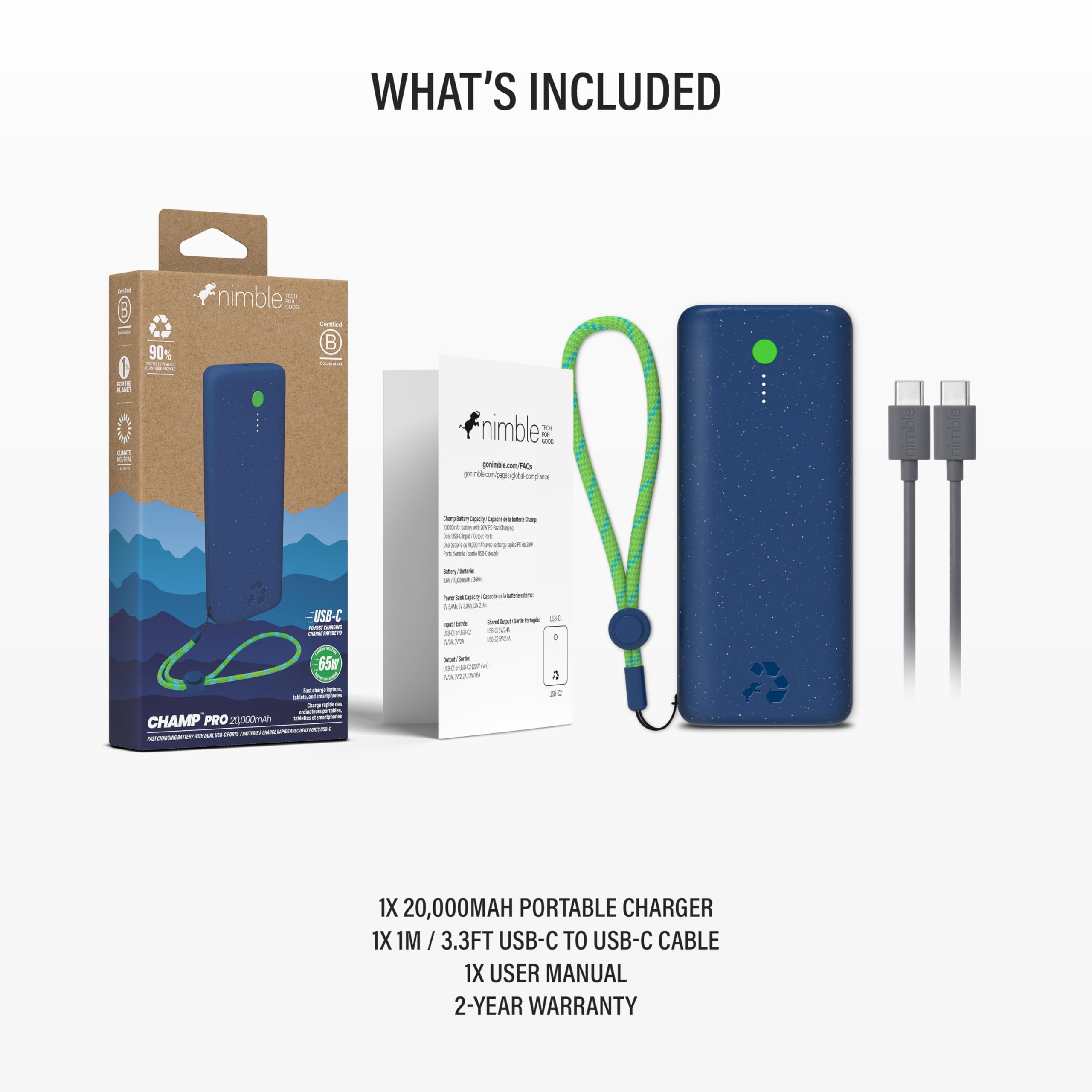 Nimble Champ Pro Portable Charger, 20,000mAh Power Bank with Cable, 65W Dual USB-C Fast Charging Battery Pack, Travel Essential Phone Power Bank for iPhone 16/15/14/13 Galaxy MacBook iPad Airpod