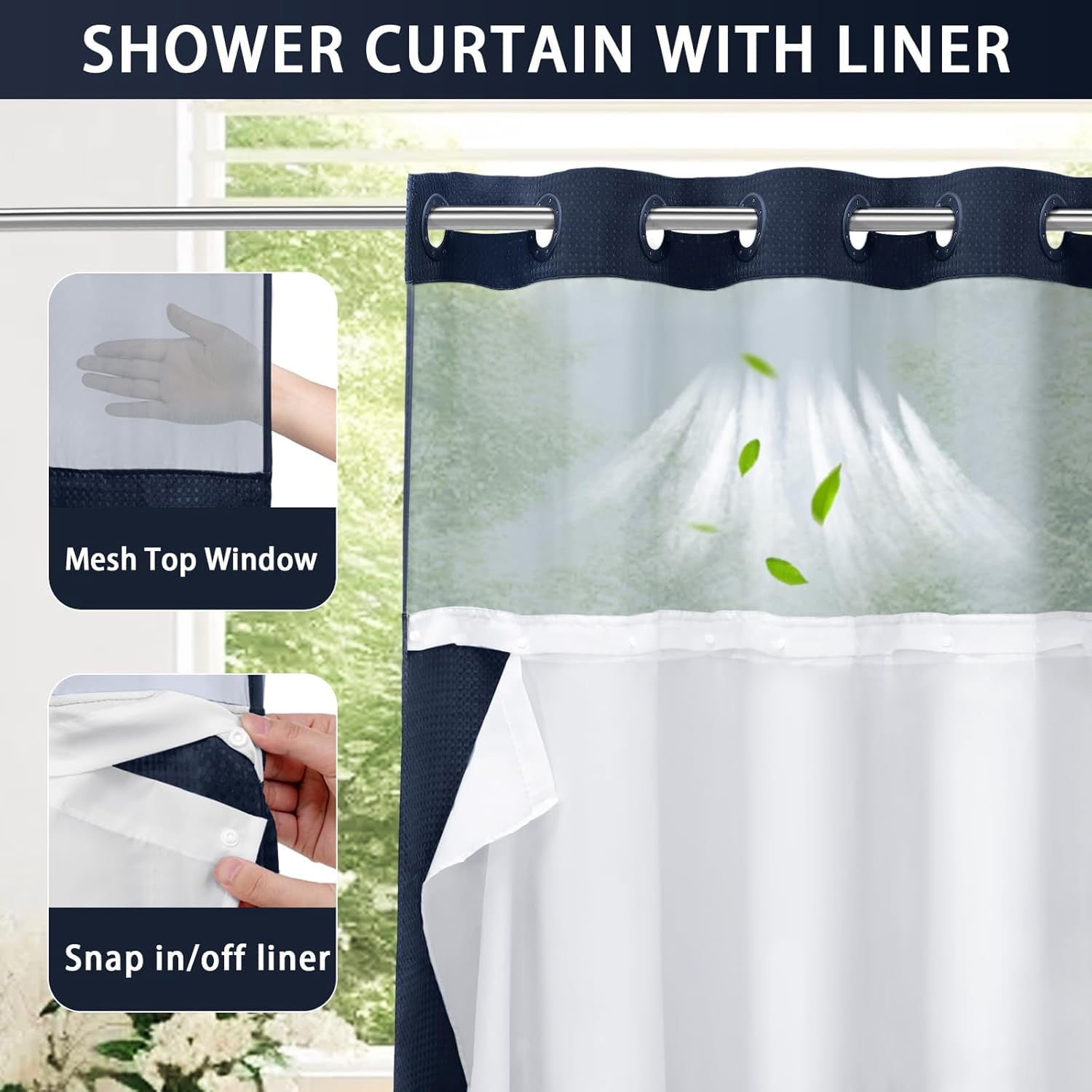 DawnJoanHD Waffle Weave No Hook Shower Curtain with Snap-in Liner, Blue Polyester Fabric with See-Through Top Window, 72" x 75"