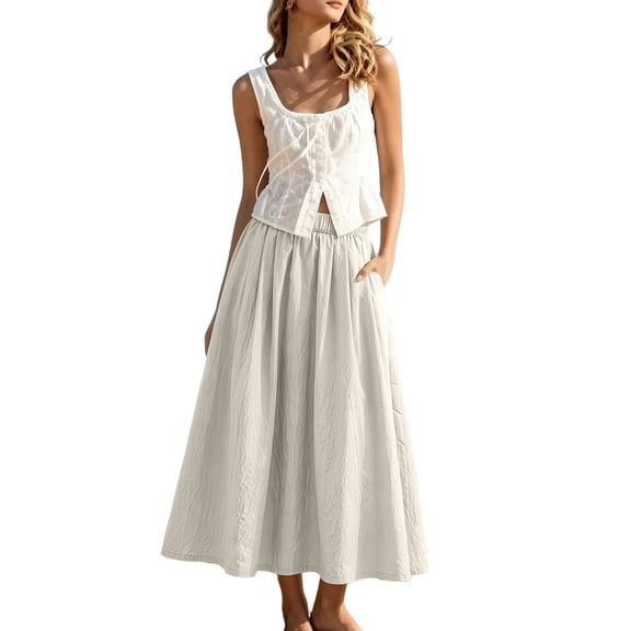 BUIGTTKLOP Maxi Skirt for Women A-Line Pleated High Waist Full Ankle Length Casual Solid Color Long Skirts