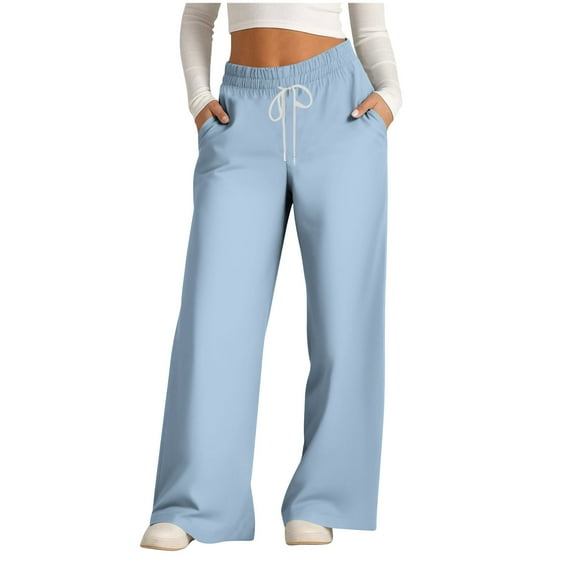 Womens Comfy Pajama Pants Plus Size Casual Loose Solid Color Drawstring Jogger Wide Leg Workout Pants with Pockets,Light Blue 1,2XL