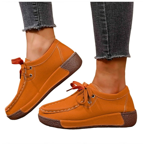 Platform Loafers for Women Comfy Soft Sole Lace up Walking Shoes Casual Stitching Slip on Round Toe Flat Shoes Orange Size 9