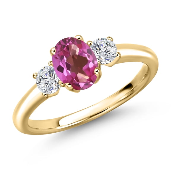 Gem Stone King 10K Yellow Gold Pink Mystic Topaz and Lab Grown Diamond Engagement Ring for Women | 1.14 Cttw | Oval 7X5MM | Gemstone November Birthstone | Size 7