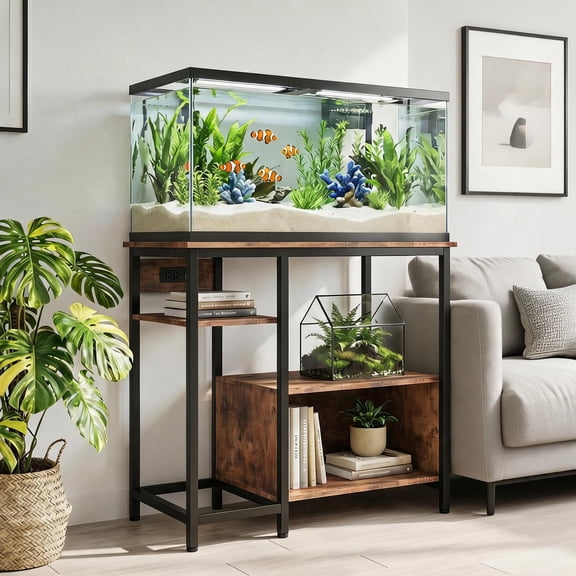 Heavy Duty Aquarium Stand with Built-In Power Outlets, Metal and Wood Storage Shelf for 40-50 Gallon Fish Tank Turtle Reptile Terrarium