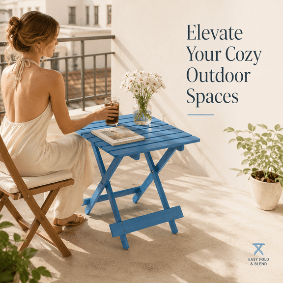 Solid Wood Folding Side Table for Patio & Balcony, 19.75 in, Blue