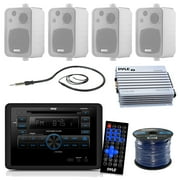 Pyle PLRVST300 RV Wall Mount Bluetooth CD/DVD Receiver Bundle Combo With 4x Enrock White 4'' 200-Watt Waterproof Stereo Box Speaker + Radio Antenna + 400 Watt Amplifier + 18G 50-FT Wire