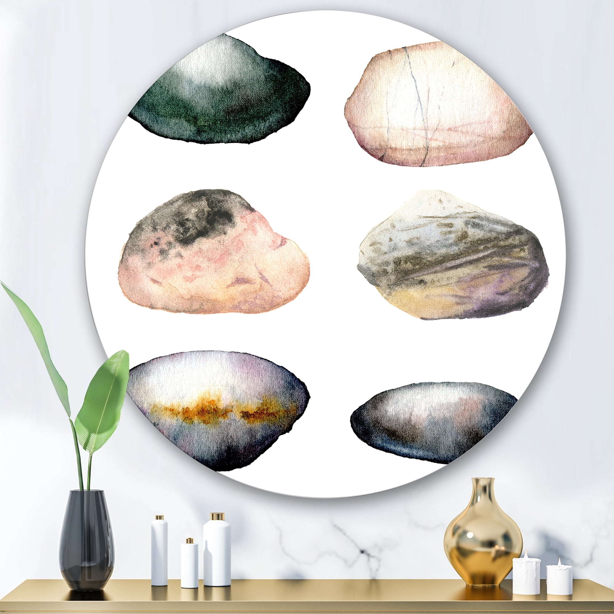 Designart 'Six Abstract Sea Stones On White' Nautical & Coastal Circle Metal Wall Art 29x29 - Disc of 29