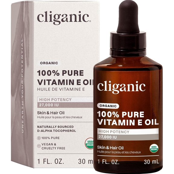 Cliganic Pure Vitamin E Oil for Face, Hair, and Skin with Natural D-Alpha Tocopherol, 23,000 IU, 1 fl oz
