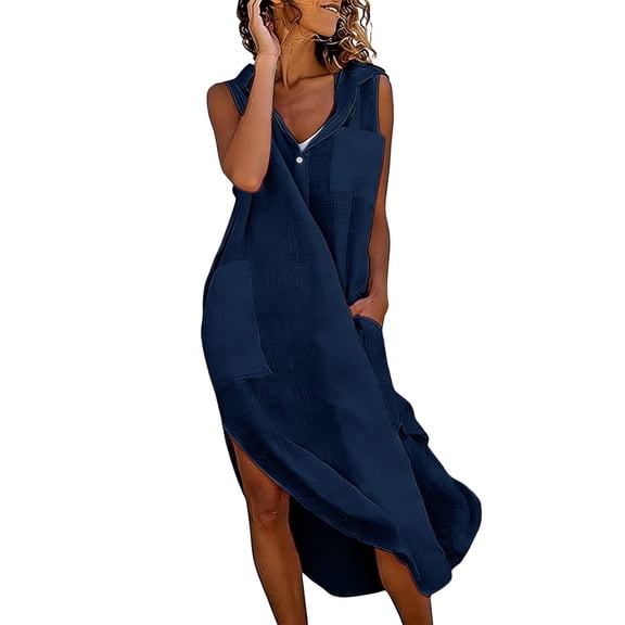 Rciityk Womens Summer Dresses Solid Color Sleeveless V Neck Button Maxi Dresses with Pockets Loose Fits Turndown Collar Casual Dress for Beach Vacation Daily Wear