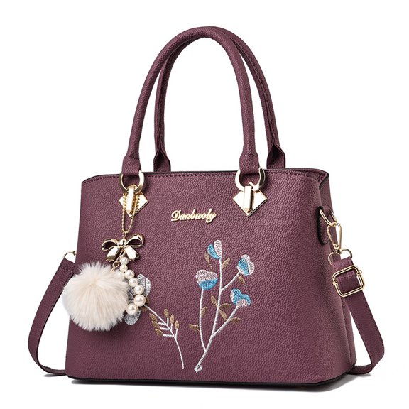 Women Fashion Satchel Bag Pu Leather Handbag Embroidery Flower Bag Shoulder Bag Crossbody Bag Top Handle Purse