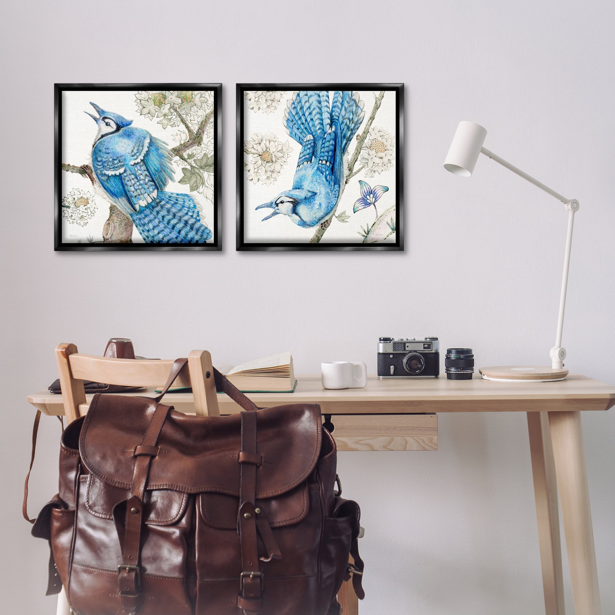 Stupell Industries Blue Jays with White Blossoms Animals Painting Black Floater Framed Canvas Art Print Wall Art, 18 x 18, Set of 2