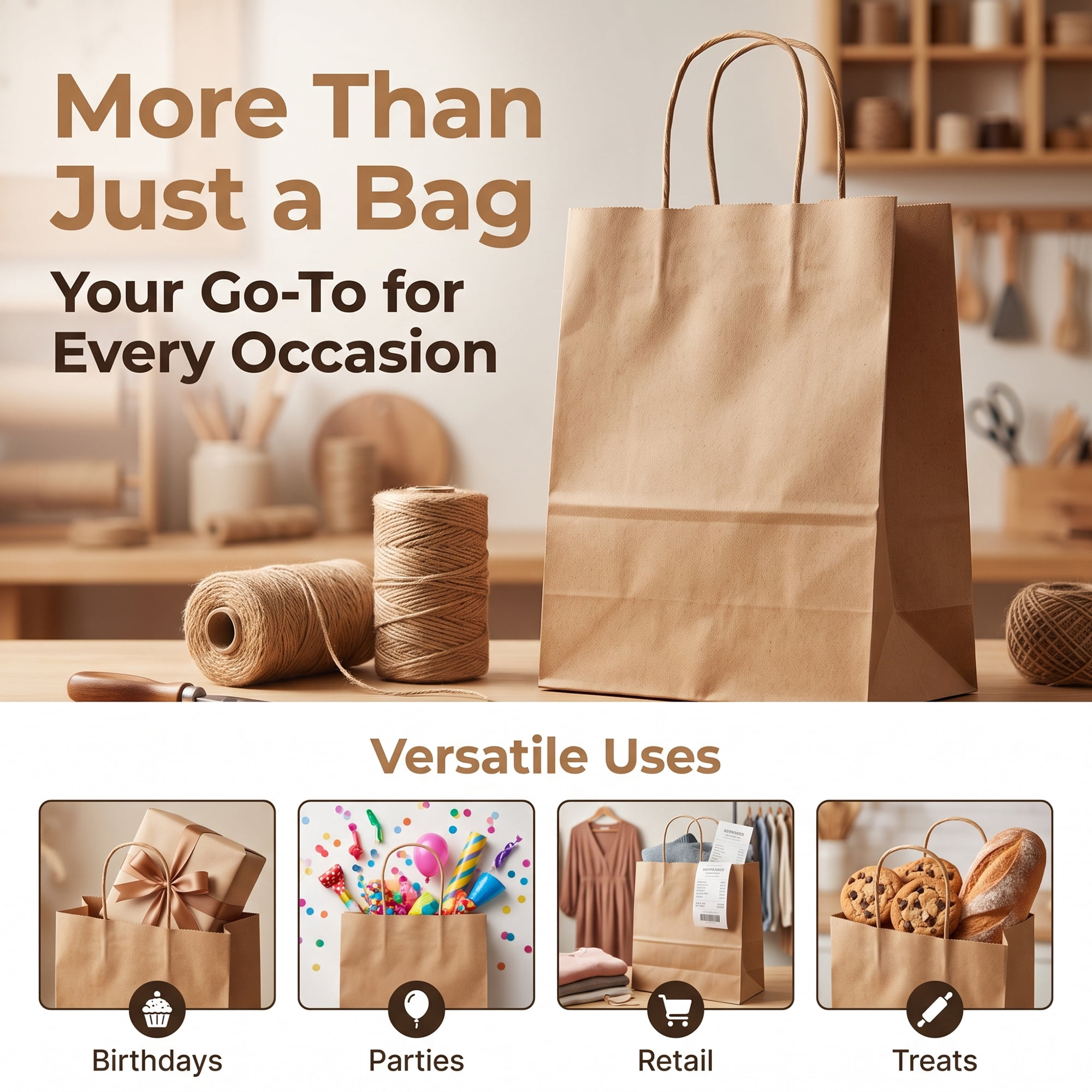 Unique Bargains 10Pcs Heavyweight Premium Gift Bags with Handles Brown 8.3" x 4.3" x 10.6"