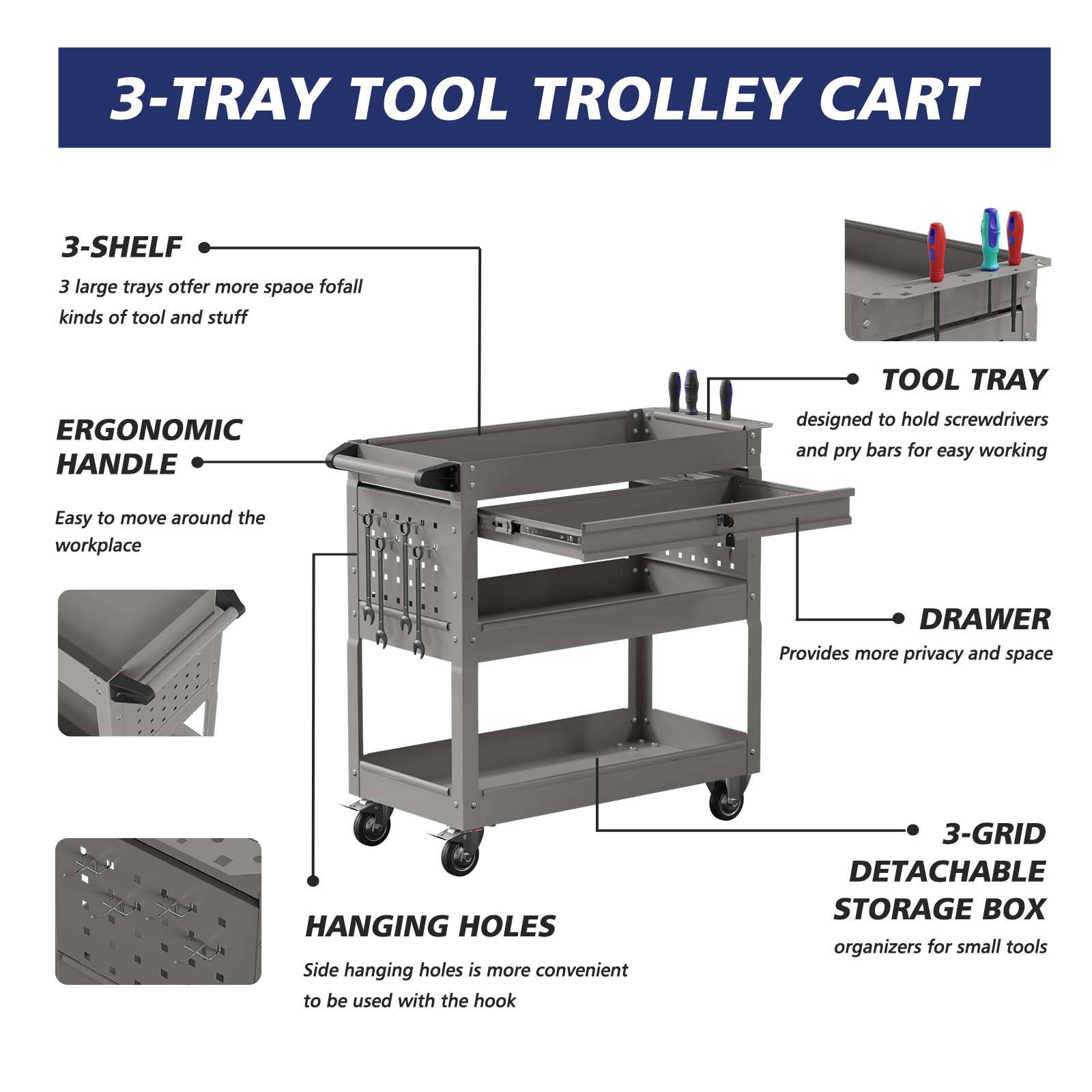 Odaof Big Tool Cart, 4-Wheel Tool Cart, Rolling Tool Cart, Big Tool Storage Cart, Tool Cart with Ball-Bearing Slides, Tool Cart & Tool Chest for Garage and Warehouse-Gray