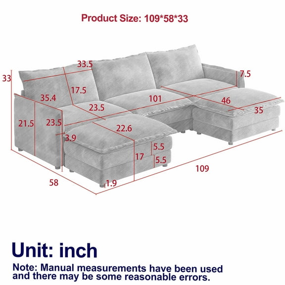 JERFIT Oversized U-Shaped 5-Seat Modular Sectional Sofa with Ottomans, Plush Corduroy Fabric, Deep Seating Couch for Living Room, Black