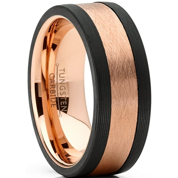 Metal Masters Mens Tungsten Wedding Band Ring Rose Goldtone Carbon Fiber Edges 8mm