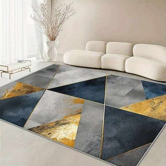 Dark Blue Gray and Gold Area Rug, Modern Geometry Rugs, Anti Slip Backing Rugs for Living Room&Bedroom&Dining Laundry Home Office 2x3ft