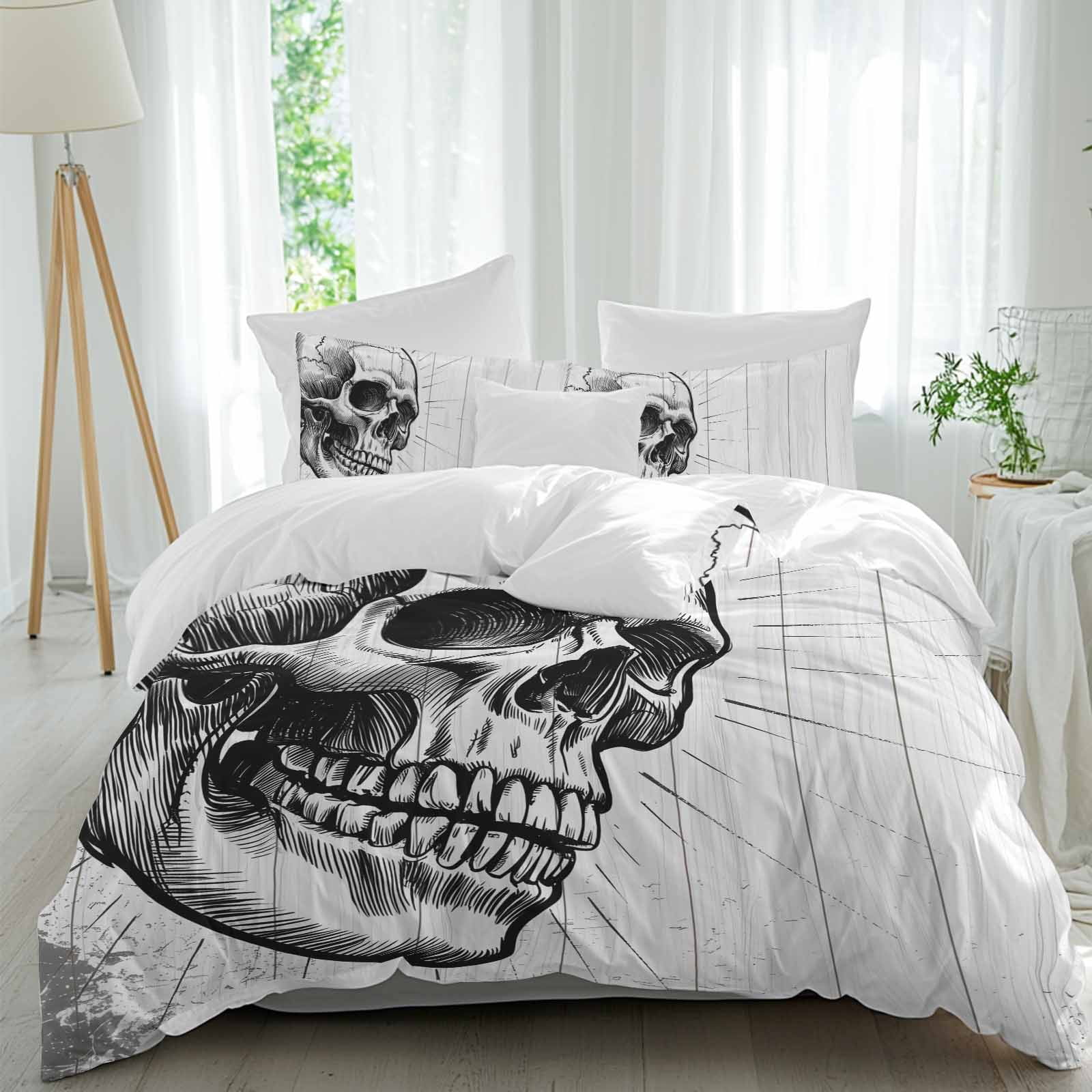 Horror Skull Bedding 3 Piece Duvet Cover Set California King, Black Skeleton Spooky Halloween Soft Microfiber Comforter Cover with Zipper Closure & Pillowcases, Wrinkle & FadeResistant Quilt Cover