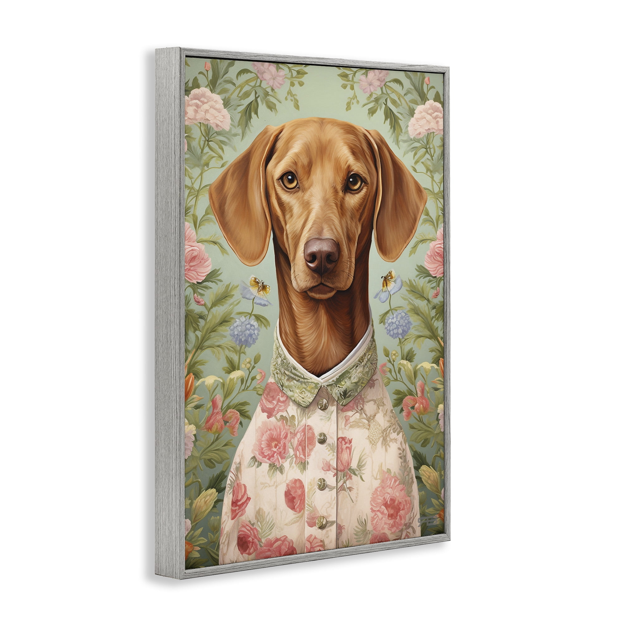 Stupell Industries Tropical Florals Dog Animals & Insects Painting Gray Framed Art Print Wall Art, 16 x 24