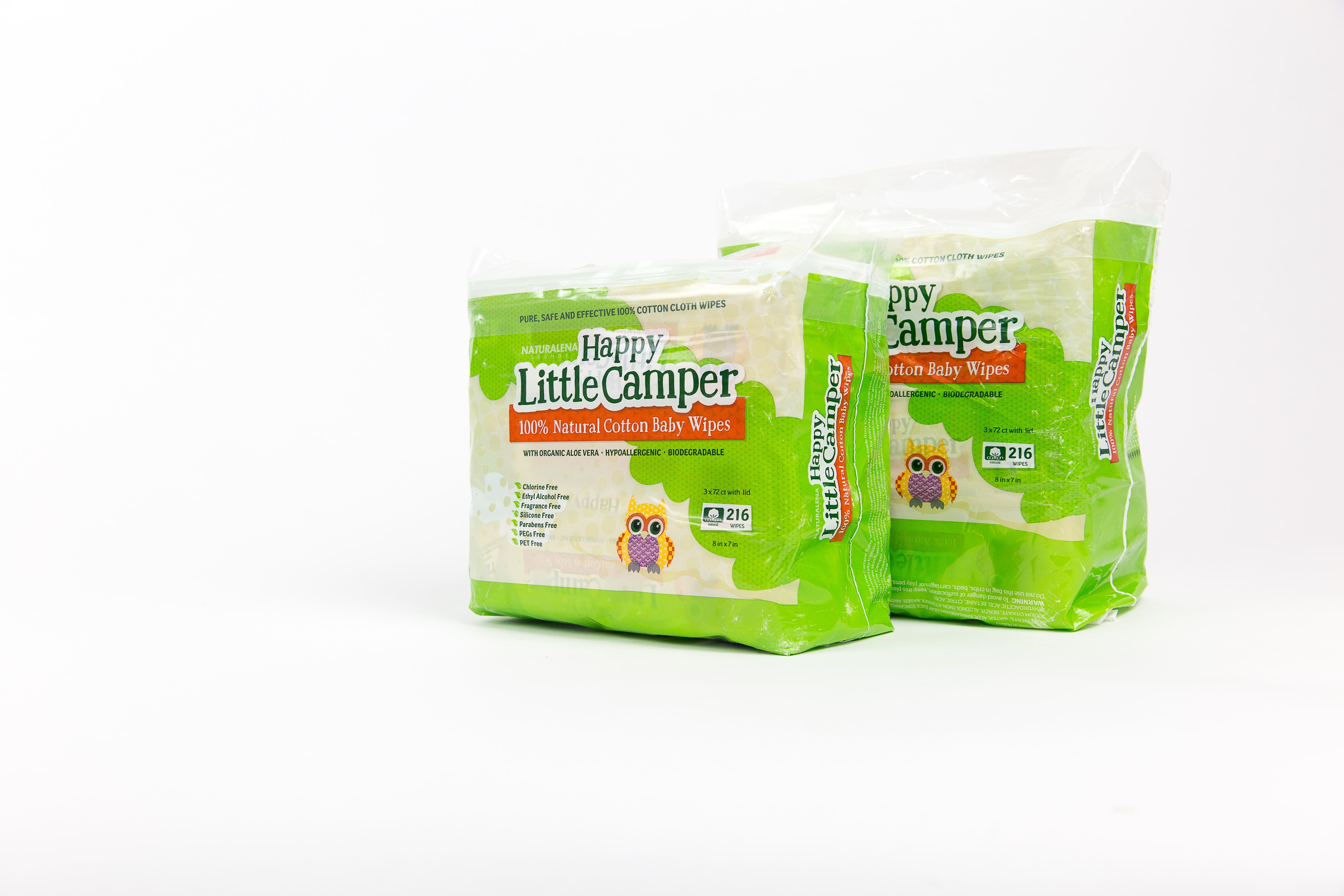 216 Ct Happy Little Camper Baby Wipes Natural All-Cotton with Organic Aloe