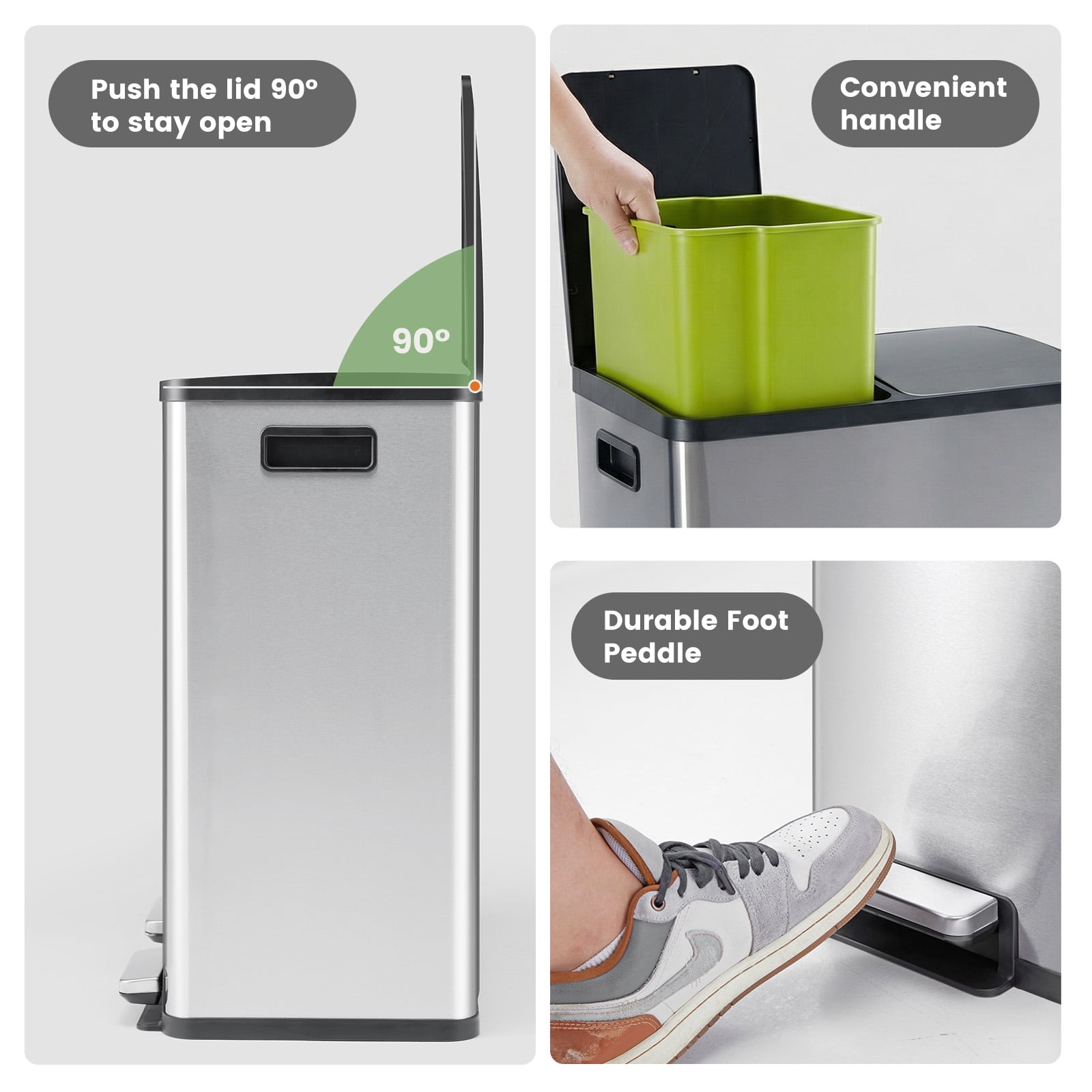 CONCETTA Dual Compartment 60L Trash Can, 2 x 8 Gallon, Stainless Steel Garbage Bin with Soft-Close Lid,  Removable Inner Buckets, for Kitchen