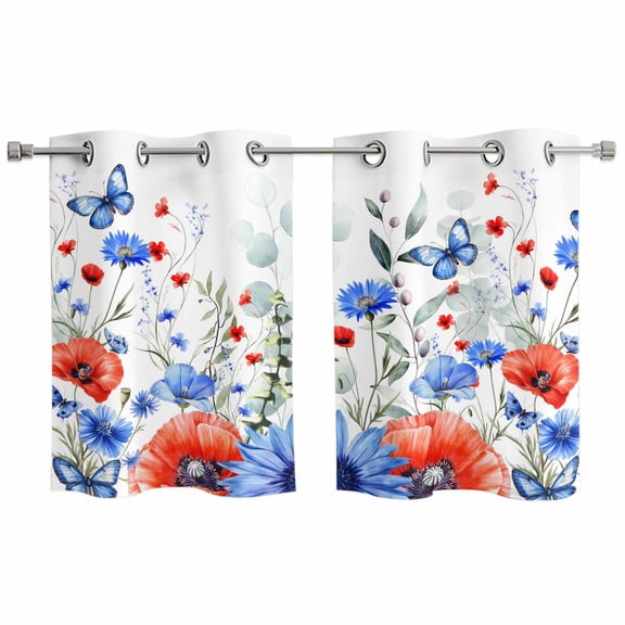 4th of July Kitchen Curtains Window Panels, Red Blue Floral Independence Day Poppy Flower Leaf Insulated Window Treatment Curtain, Grommet Curtains for Bedroom/Living Room, 2 Piece 27.5"Wx39"L