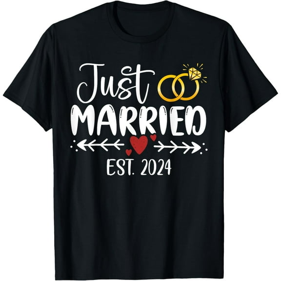 Just Married 2024 Couple Newlywed Bride And Groom Wedding T-ShirtMen's and women's gift, black and white T-shirt, size: Extra large S-4XL