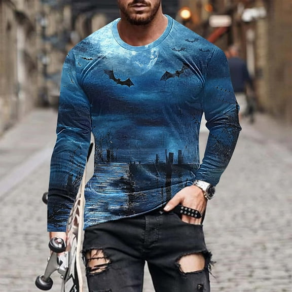 Shirts for Men Long Sleeve Pullover Halloween Printed Round Neck Casual T-Shirt Blouse,Tops for Men Plus Size Navy XXL