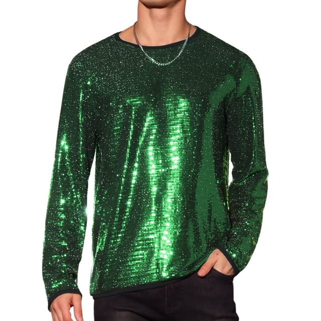 INSPIRE CHIC Camisetas para hombres con cuello redondo de manga larga, ajuste regular, XL, verde con lentejuelas brillantes