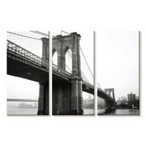Elephant Stock Monochromatic Brooklyn Bridge Wall Art - Horizontal Multi Panel Canvas - Living Room Wall Decor - Architecture Multi Panel - White And Black Decor - 23" x 14"