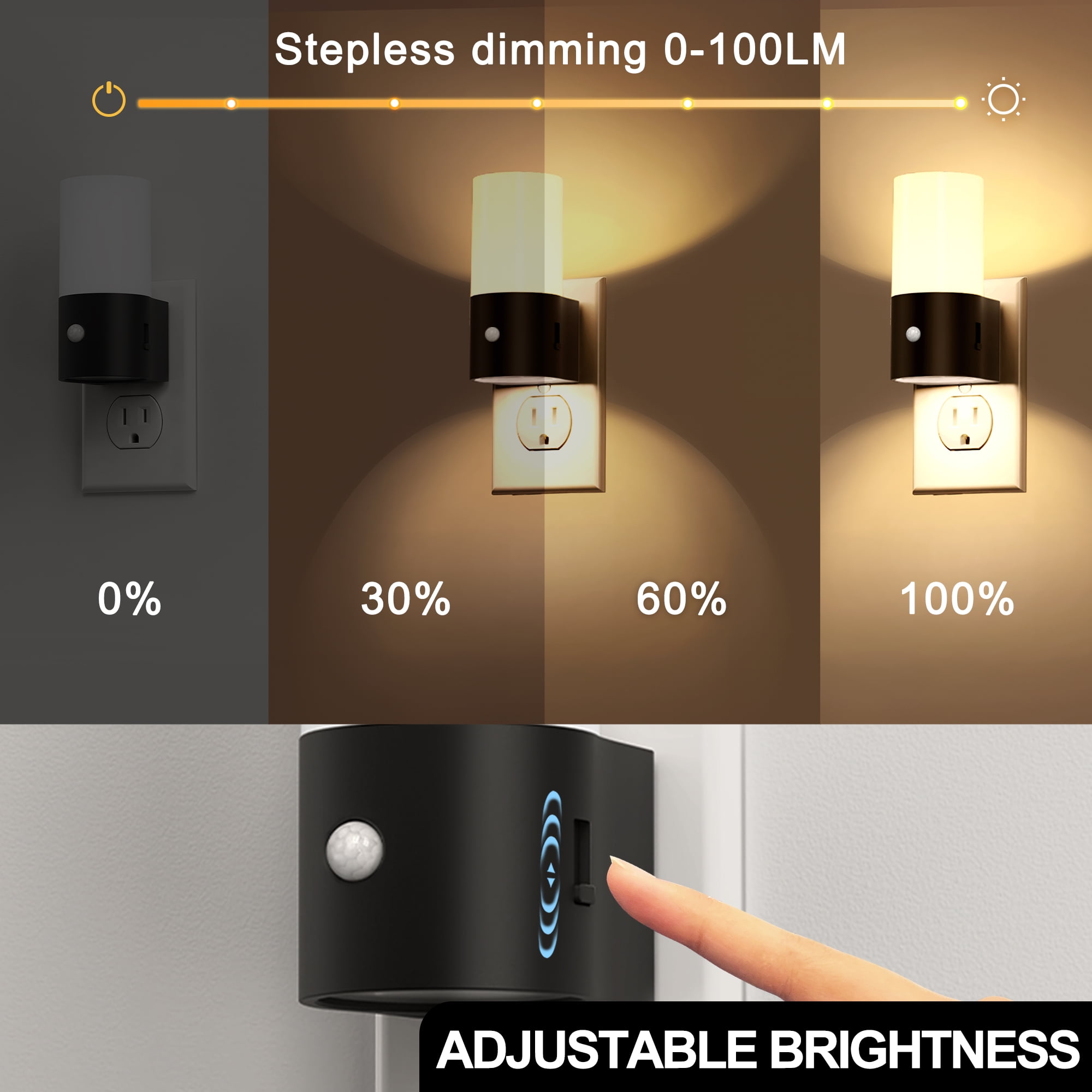 YANSUN 2 pack Black Warm White 3000K LED Motion Sensor Cylinder Light Plug in Night Light, 100LM Dimmable, Auto On/Off for Hallway, Bedroom