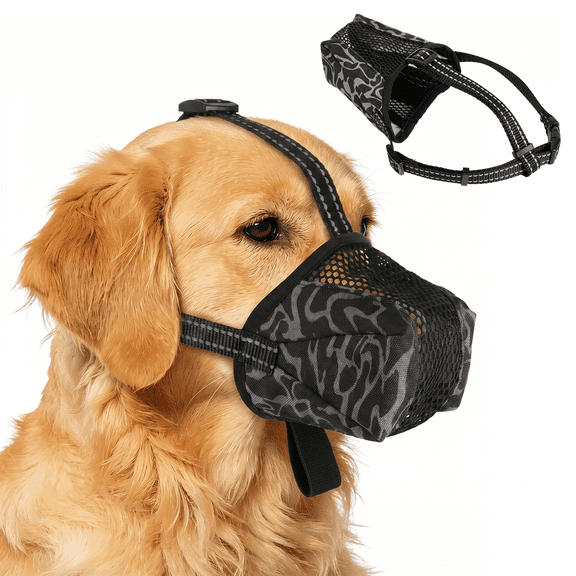 ROZKITCH Dog Muzzle for Small Dogs,Soft Adjustable Camouflage Dog Mouth Guard,Prevent Biting Chewing and Scavenging,Mesh for Drinking Water,Black,XS