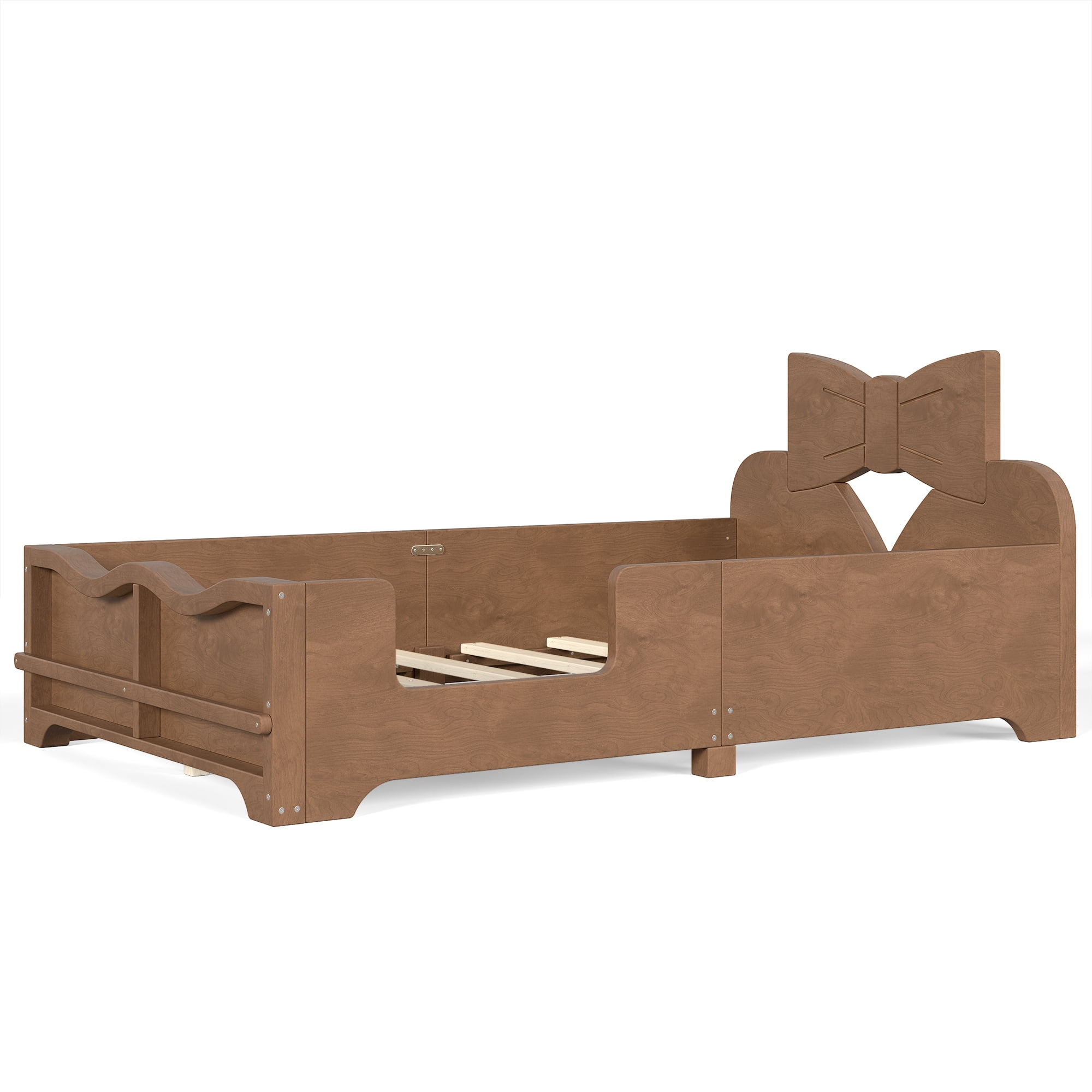 Twin Size Kids Platform Bed 78 Inch, Bowknot Headboard with Surround Guardrails and Built In Bookshelf, No Box Spring Needed, Deep Natural