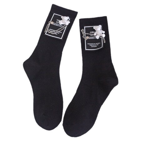 

SIEYIO Women Men Harajuku Ribbed Cotton Crew Socks Cute Cartoon Bear Metal Chain Letters Patch Hip Hop Skateboard Tube Hosiery