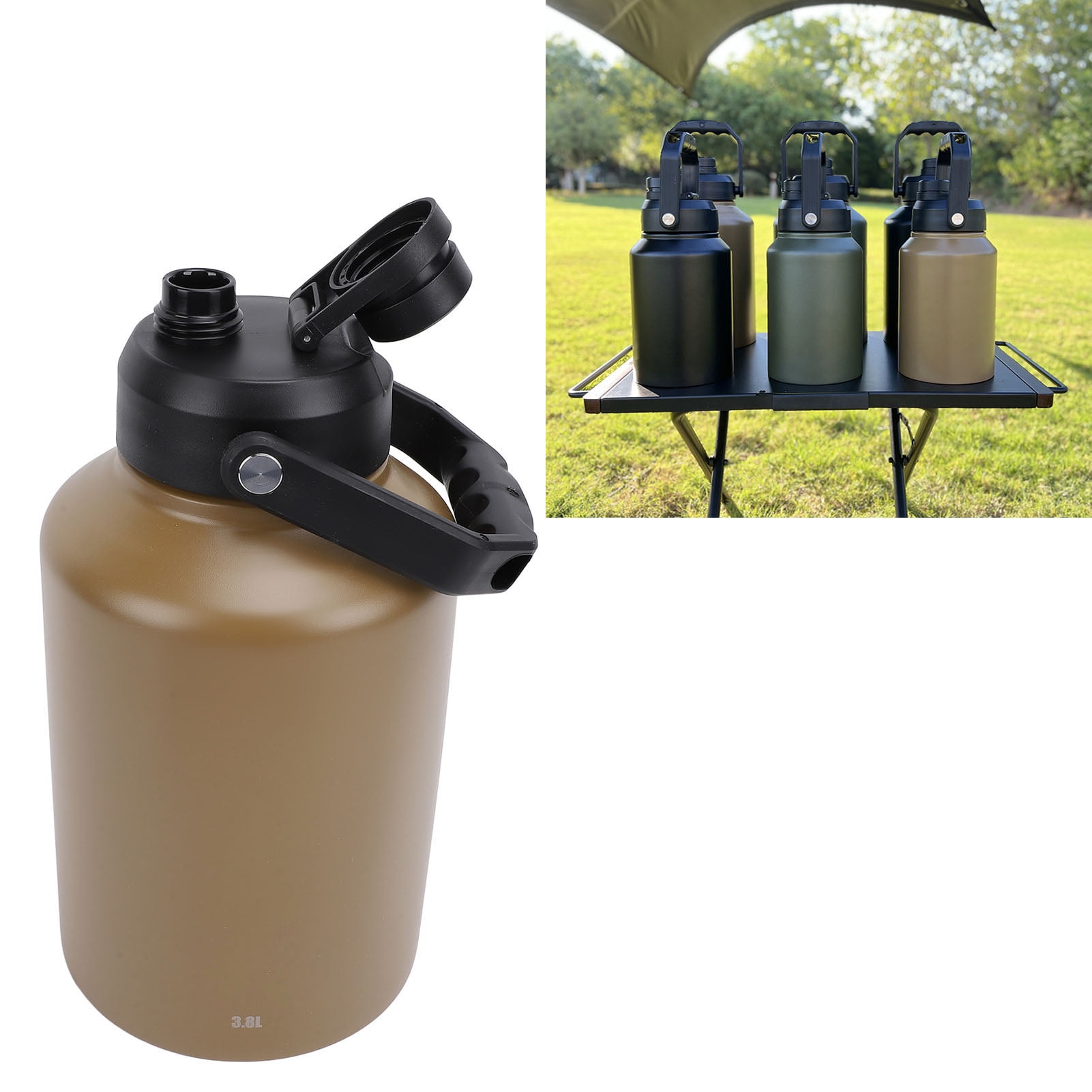 Nieyigj 1 Gallon (3.8L) Stainless Steel Sports Water Bottle Double Wall Vacuum Insulated Large Jug with Handle for Outdoor Camping Workouts Gym Hiking - Khaki