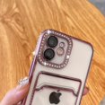 thumbnail image 5 of Plating Wallet for iPhone 12 Case, Bling Glitter Diamond Card Holder Camera Protection Luxury Cover + 2* Screen Protector, Card Slot Case Elegant iPhone 12 Phone Case -Pink, 5 of 12