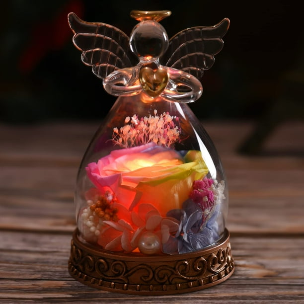 Figura de ángel con forma de rosa auténtica preservada en cristal con luz LED