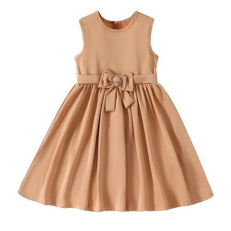 

Little Child Girls Dresses Solid Color Crew Neck Sleeveless Bow Princess Dress Summer Clothing Summer Girl Clothes