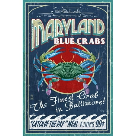 - Baltimore, Maryland - Blue Crabs Coastal Style Seafood Advertisement Print Wall Art By Lantern Press