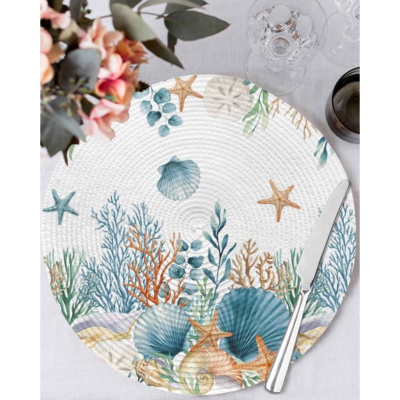 13 Inch Round Placemats Set of 6, Teal Blue Coastal Non Slip Heat Insulation PP Table Mats, Summer Beach Starfish Shell Coral Nautical Washable Place Mats for Kitchen Dining Party Table Decor
