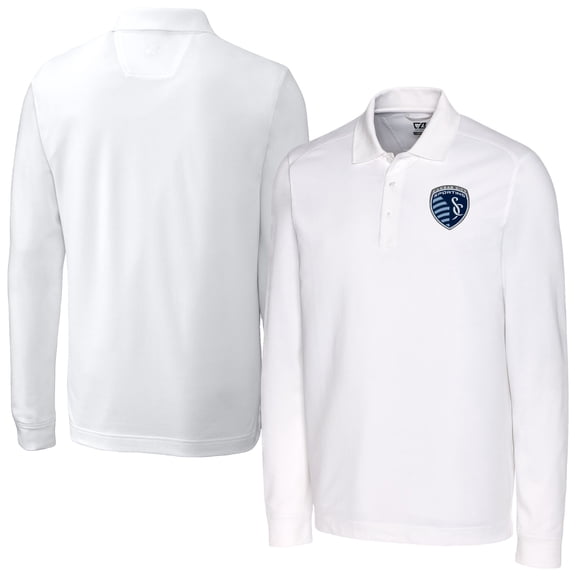 Men's-Cutter & Buck  White Sporting Kansas City Big & Tall Advantage Eco Tri-Blend Pique Long Sleeve Polo