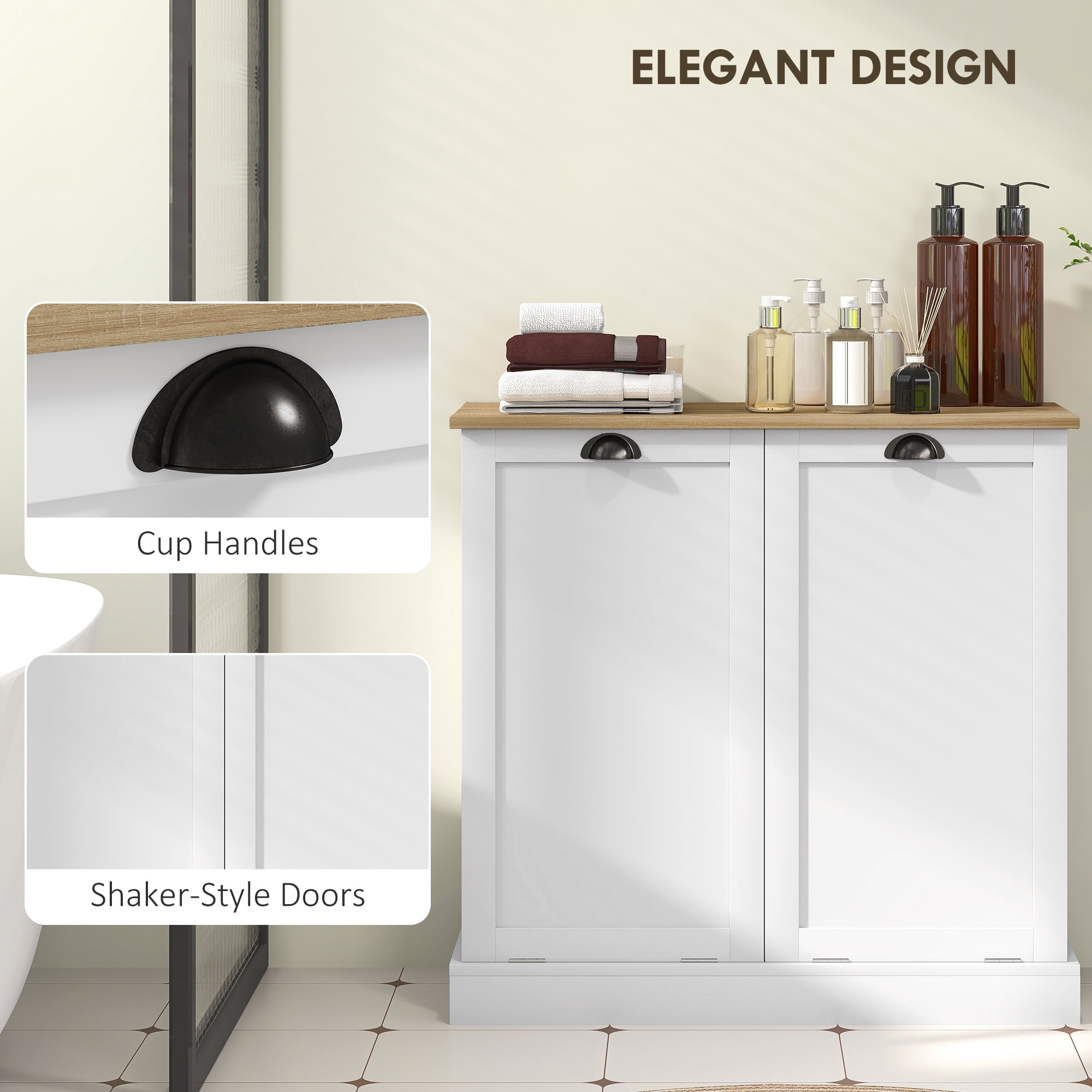 HOQBN Dual Tilt out Laundry Hamper Cabinet with 2 Removable Basket, Modern Bathroom Storage Cabinet with Shaker Doors and Handles, White