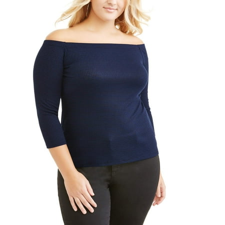 Juniors' Plus 3/4 Sleeve Off Shoulder Stripe Top