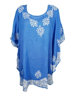 Mogul Women Blue Loose Tunic Top Round Neck Batik Print Comfy BEACH COVER Blouse One size