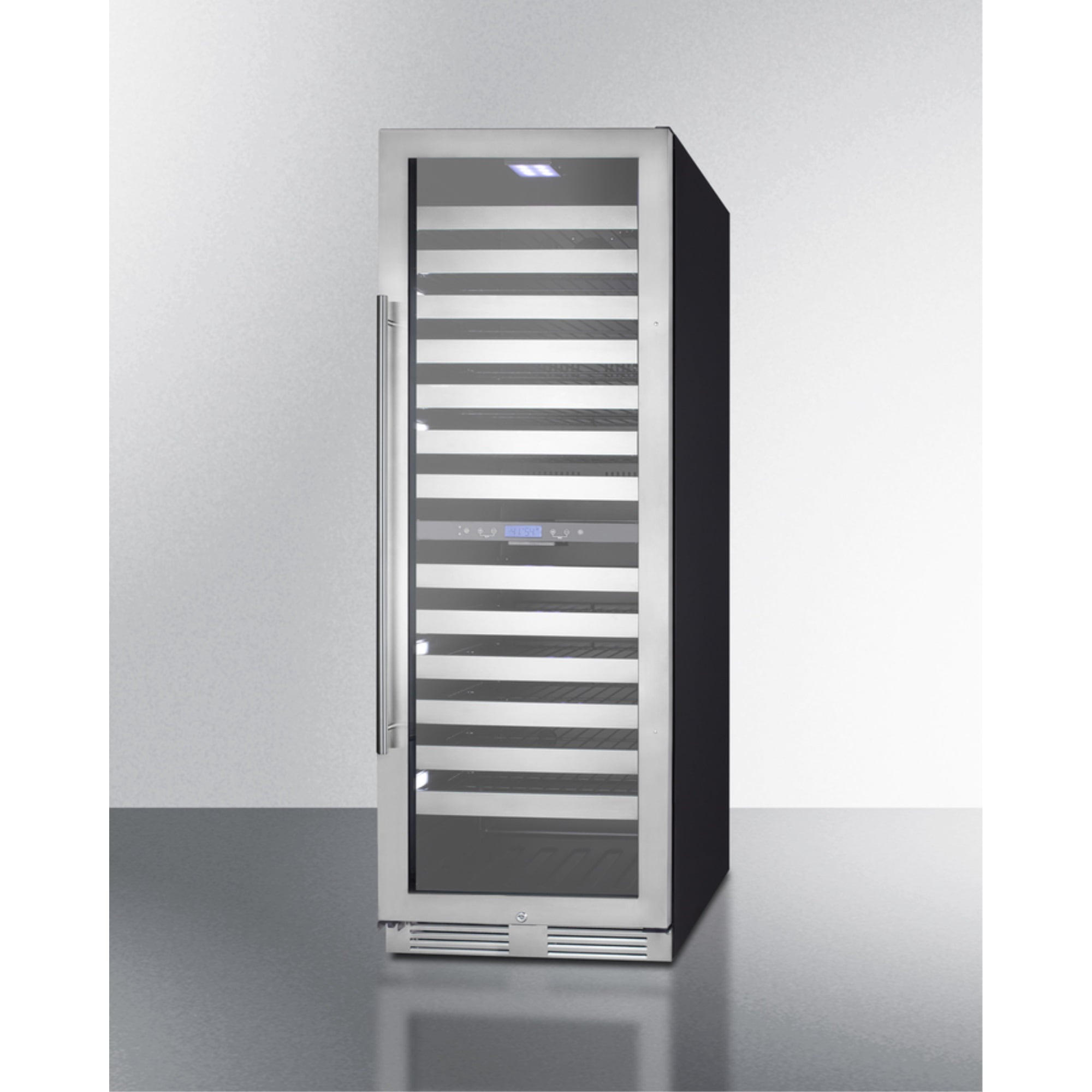 Commercially approved dual zone wine cellar for built-in or freestanding use with seamless stainless steel door and full-extension shelving