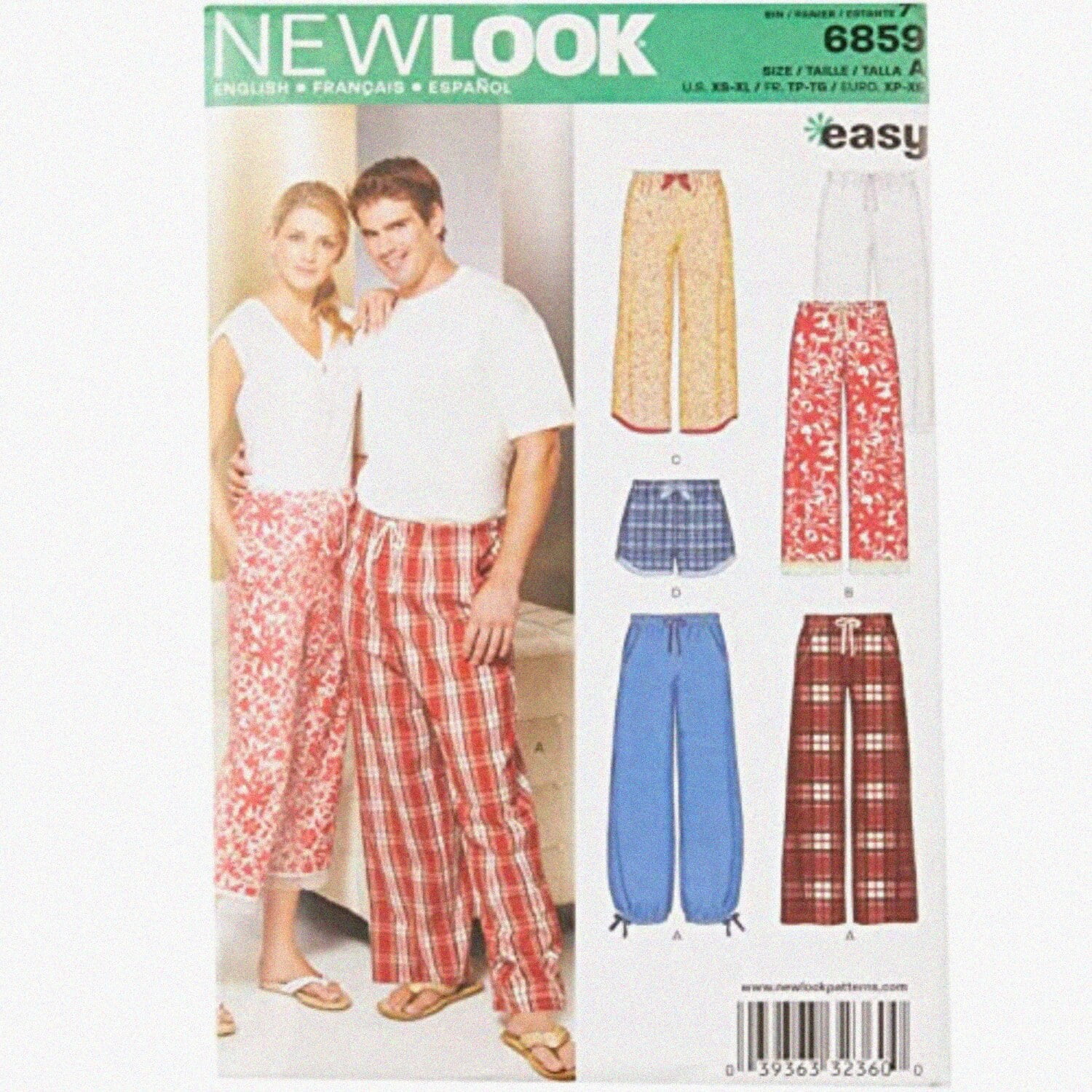 DreamStitch Pajama Set Easy Sewing Kit for Misses Mens Pants Shorts Sizes XS XL Code 6859