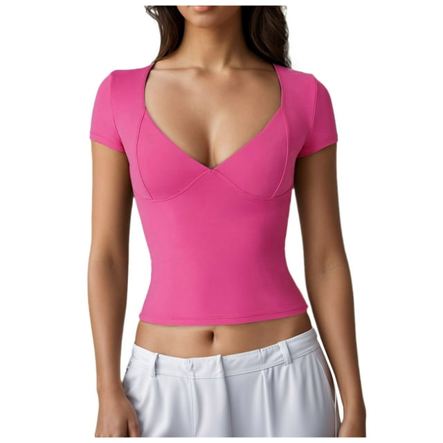 T-Shirt Aguichant à Manches Courtes Col en V pour Femmes - Tissu Hautement Extensible, Design à Coupe Flatteuse