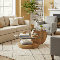 LUFTUT Coffee Tables for Living Room - Round Glass Coffee Table with MDF Base Modern End Table 3-Tier Round Coffee Table for Living Room, Office, Balcony (Wood)